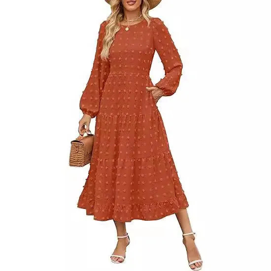 Autumn long sleeve dress with high waist and ruffle sleeves in solid colour options