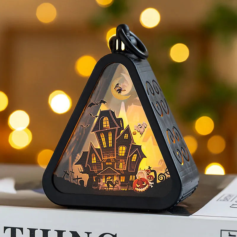 A portable Halloween decoration pumpkin lamp prop in plastic and glass, showing scale against a measuring tape.