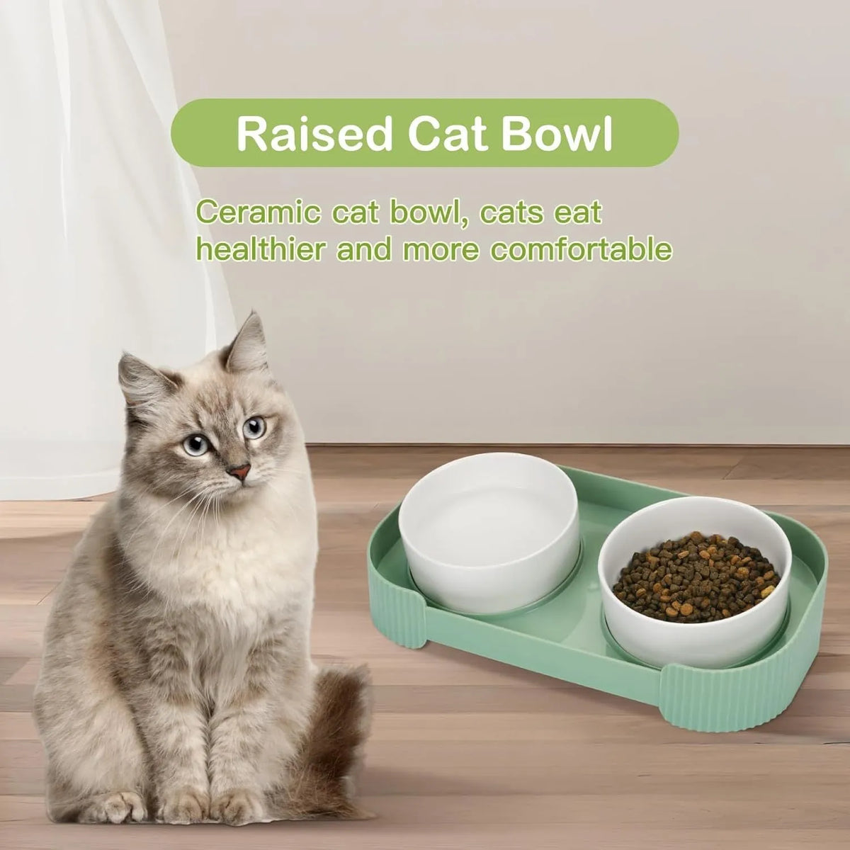 Ceramic elevated cat bowls with 15° tilted stand, green colour, non-slip base, 33x17x6 cm