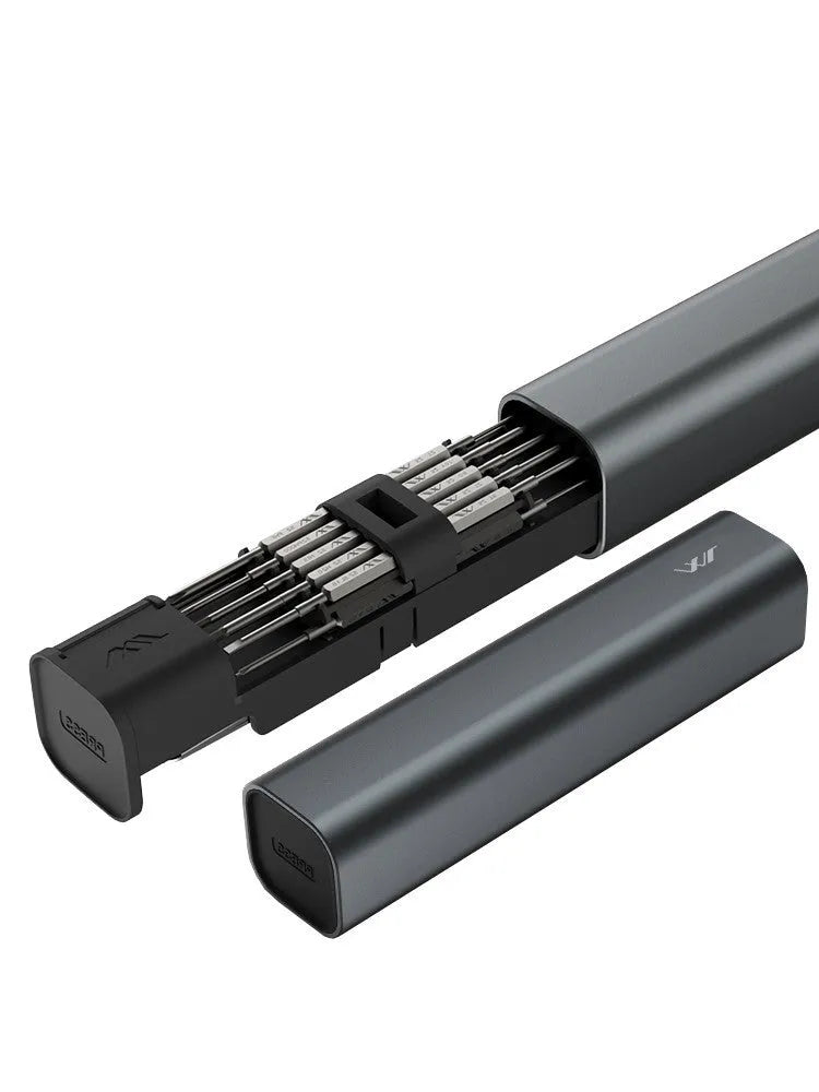 Black screwdriver set gadget with chrome-molybdenum alloy steel bits in small aluminium tube