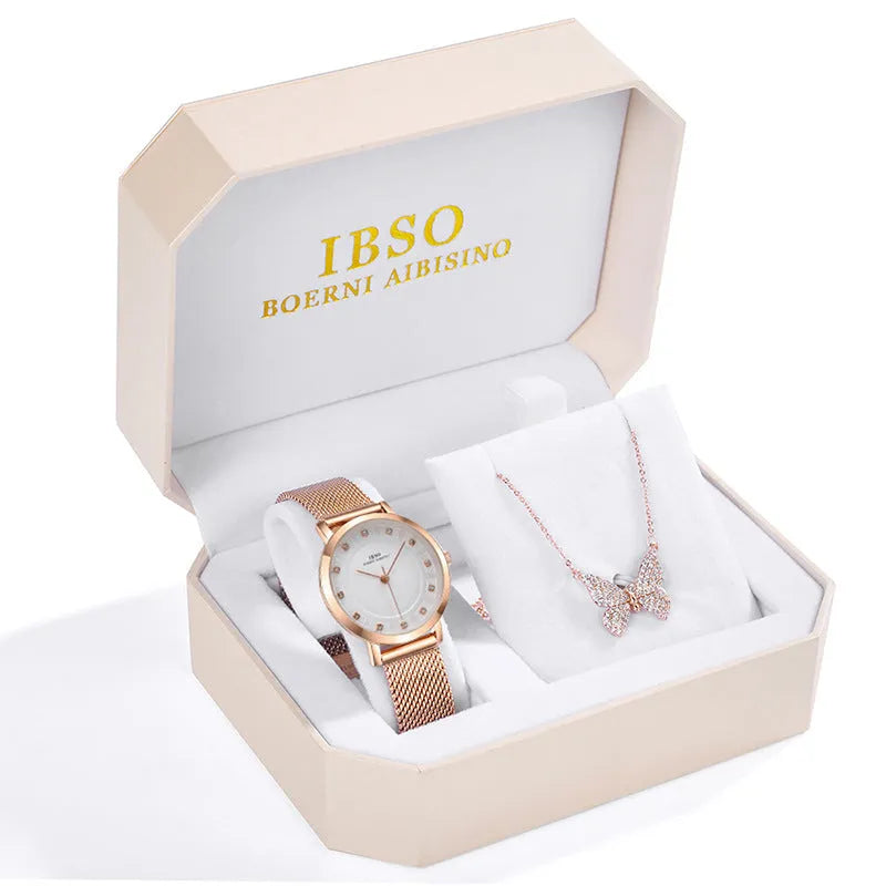Rhinestone butterfly necklace quartz watch with round dial, alloy strap, and pin buckle