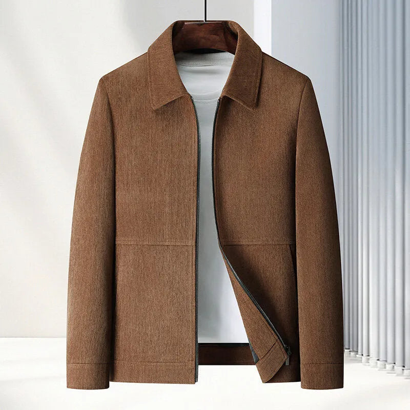 Men's slim fit lapel-collar casual jacket in dark blue, made from Vinylon fabric.