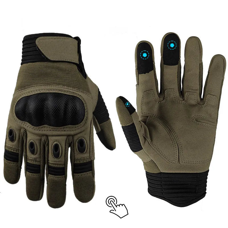 Touch screen military tactical full finger motorbike gloves in knitted fabric available in black army green wolf brown