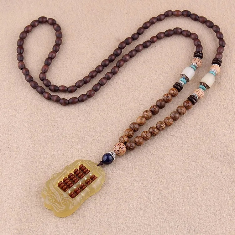 Unisex handmade long bead necklace with Bodhi pendant on chain