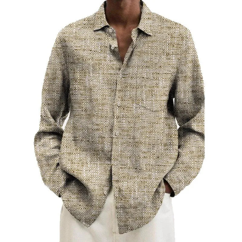 Men's long sleeve cardigan shirt in a multi-colour pattern, made from elastic polyester fabric.