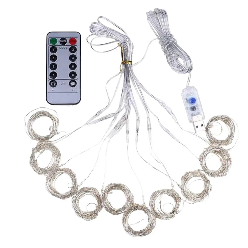 Curtain lighting chain with 300 warm flower-shaped lights on copper wire for outdoor decoration