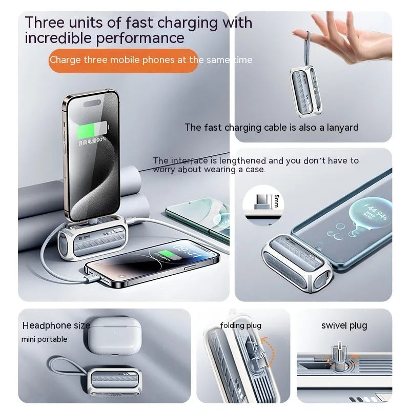 Capsule 20W 5000mAh mini power bank with folding bracket and built-in Type-C and Lightning cables in grey