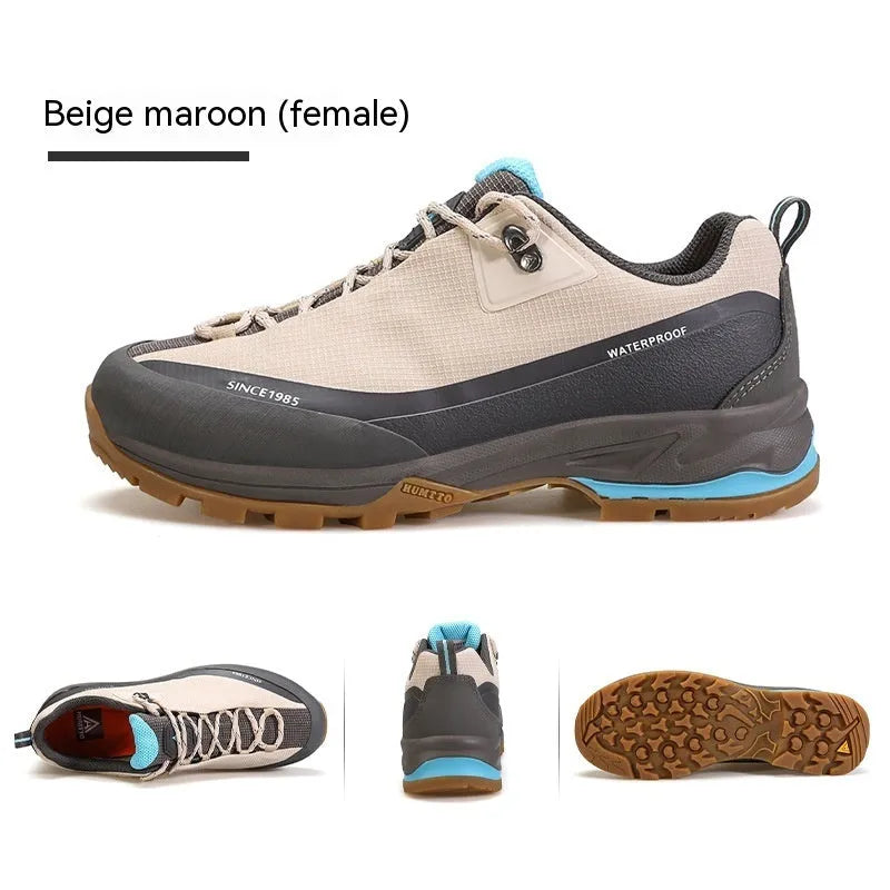 Men's low-top hiking shoes with leather mesh upper and round toe design
