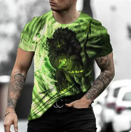 Man modelling a short-sleeved grey T-shirt with a retro-style 3D animal graphic print on the front.