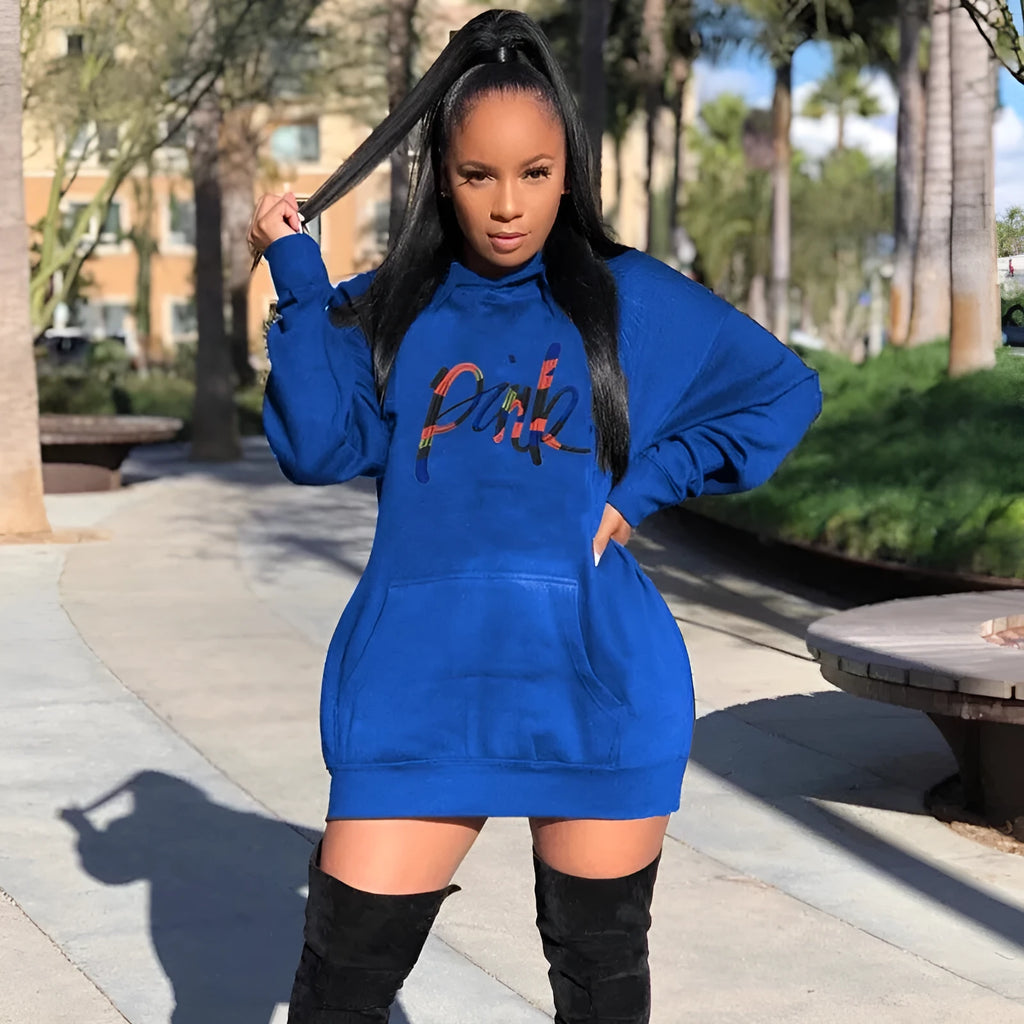 Casual solid colour embroidered letter bat sleeve hooded dress in blue against white background