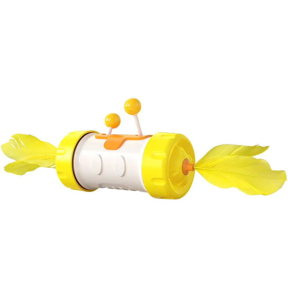 Colourful interactive cat toy with feather ball, stick pole, and tumbler on a flat surface.