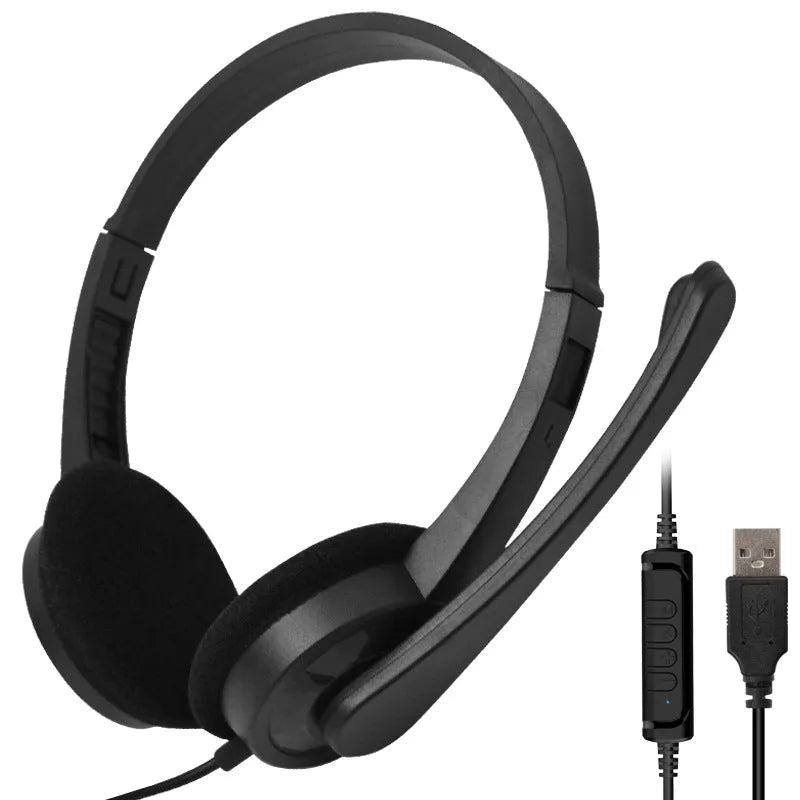 Black wired USB headset with sponge ear cushions and microphone for computer gaming and calls