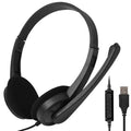 Black wired USB headset with sponge ear cushions and microphone for computer gaming and calls