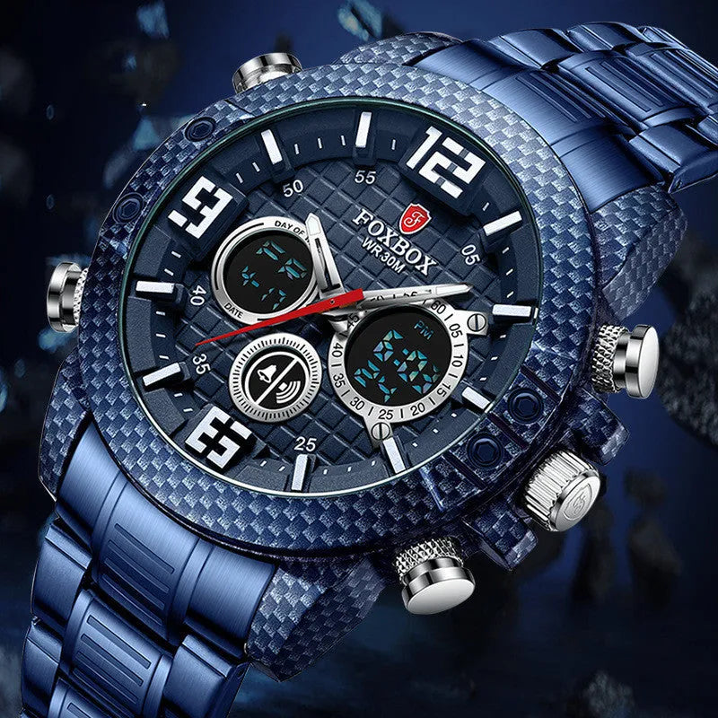 Dual display electronic watch with luminous dial, 44mm alloy case, black colour
