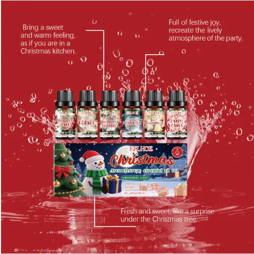 Christmas aromatherapy oil set showing six bottles with holiday scents for home fragrance