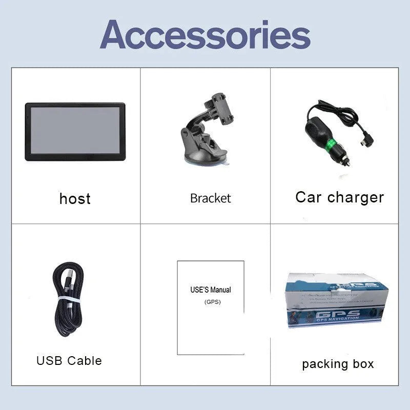 7 inch portable car GPS navigation device with HD touch screen on a windshield bracket.