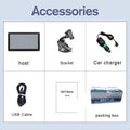 7 inch portable car GPS navigation device with HD touch screen on a windshield bracket.