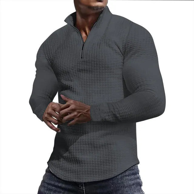 Men's stand collar half zip plaid sweater in polyester, available in multiple colours, front view