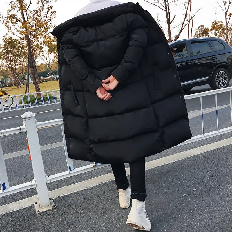 Long cotton-padded jacket in black with stand-up collar, over-knee length, casual winter coat for women