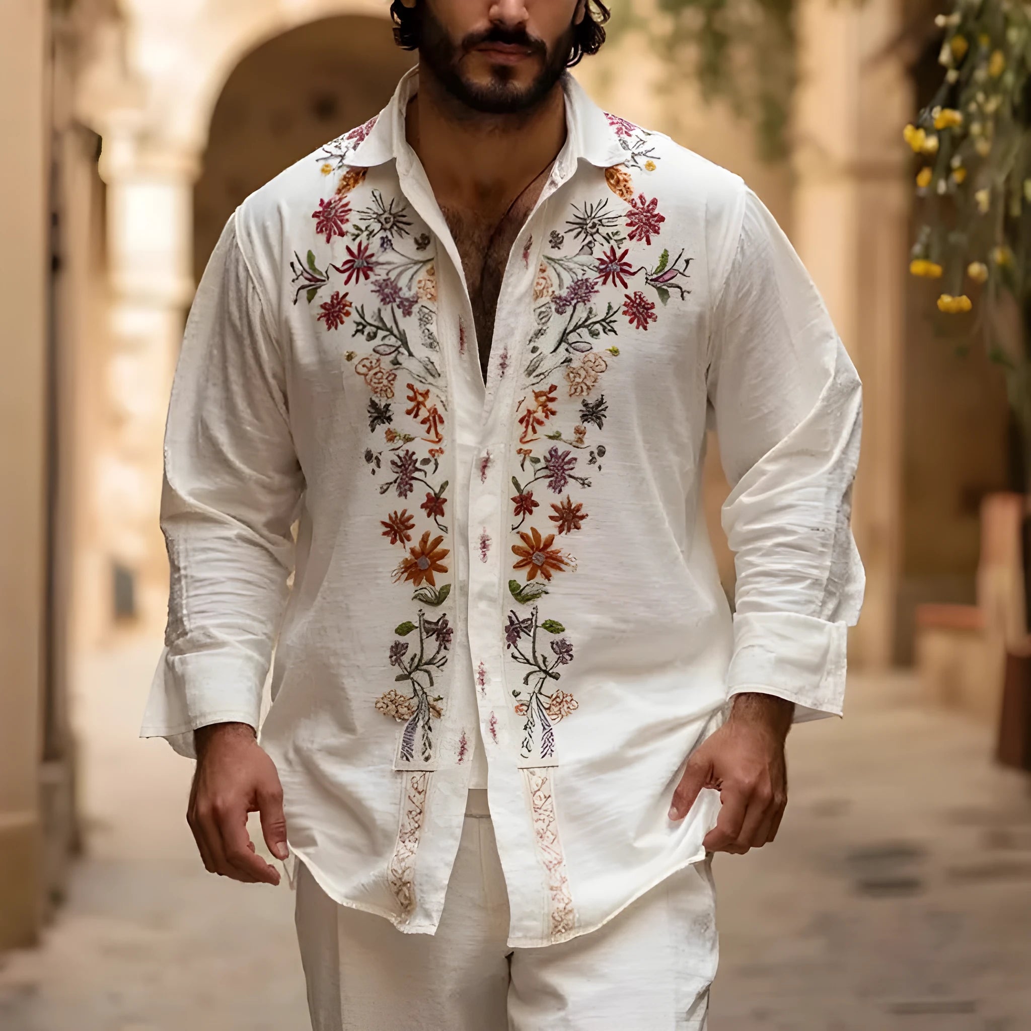 Men's retro style 3D printed long sleeve cardigan in bamboo linen blend fabric