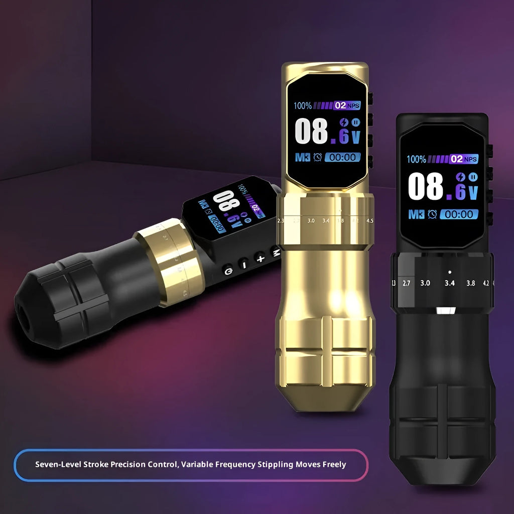 Adjustable stroke battery pen tattoo set with aluminium alloy wireless machine, 2000mAh battery, and accessories in a zipper box