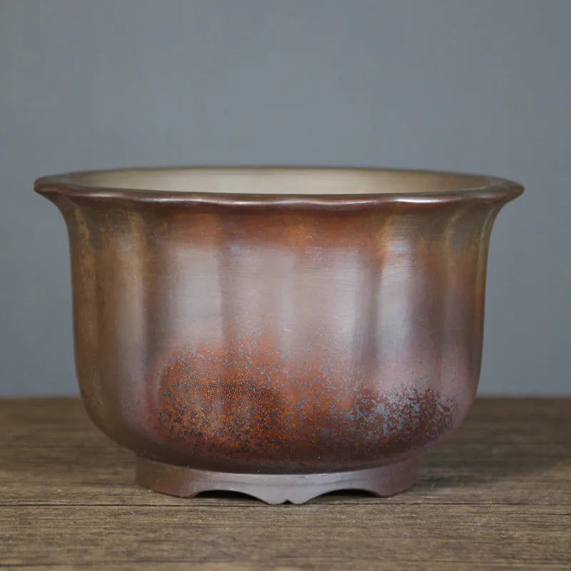 Antique carved purple sand ceramic flower pot with wood burning pattern for indoor plants
