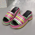 Women's beige wedge sandals with blue wave print, thick rubber platform sole, and fish mouth open toe.