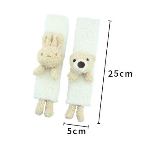 White lamb wool car seat belt shoulder protector with cartoon rabbit and bear designs