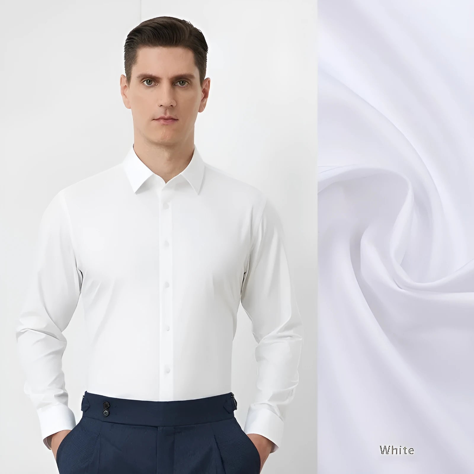 Man wearing a light blue long-sleeved non-iron business casual shirt with a regular fit.