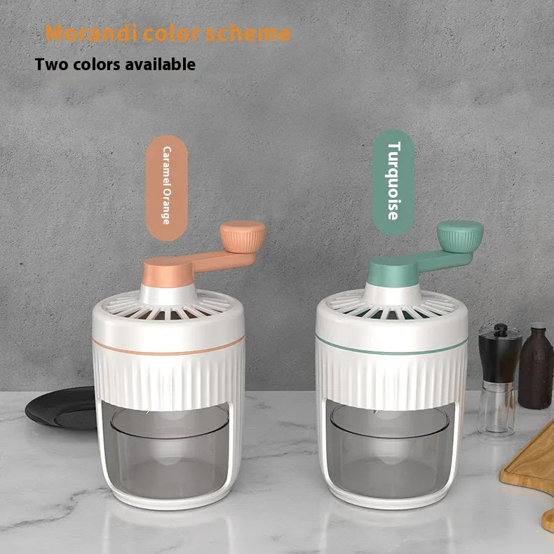 Hand-cranked ice shaving machine in green and orange, compact portable snow cone maker with ergonomic handle and removable ice box.