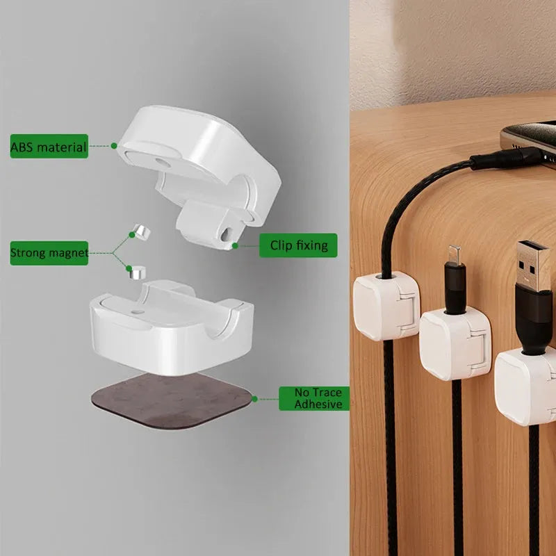 Magnetic cable management clips in white and black with adhesive backing