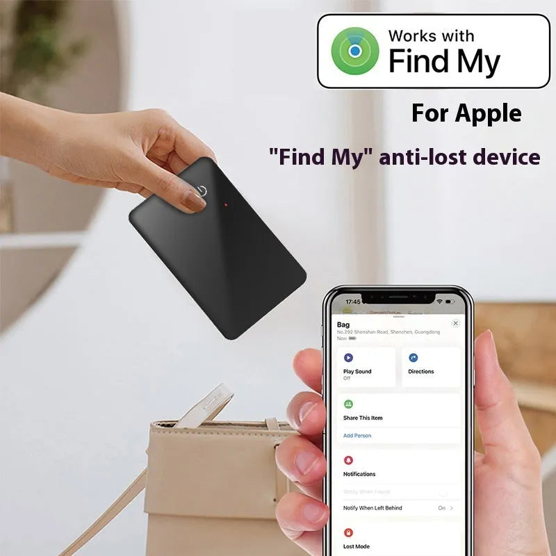 Black NFC pet tracking card with wireless charging, measuring 85mm by 54mm with hanging hole