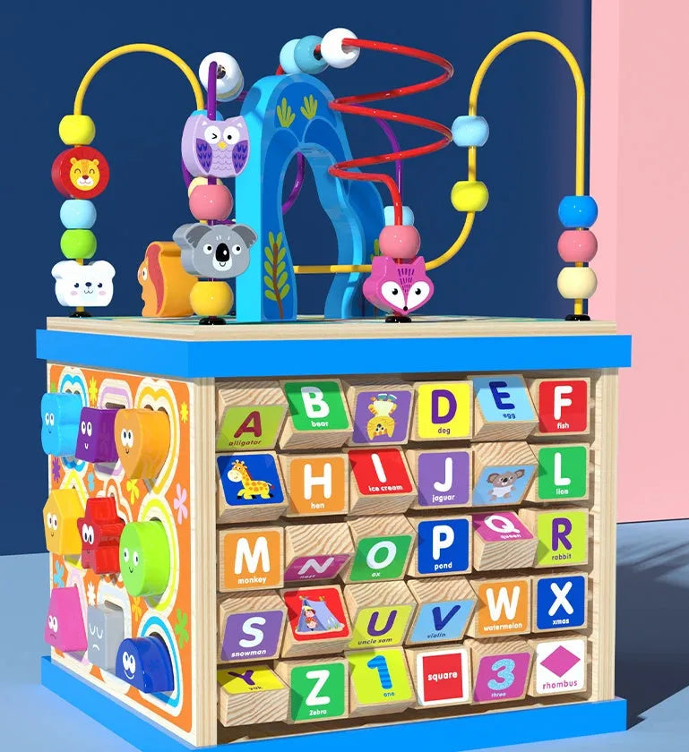 Blue wooden bead treasure box toy with multiple play scenes for babies and children