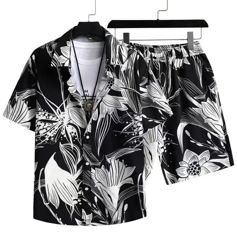 Men's casual digital print short sleeve shirt and matching shorts set on a hanger
