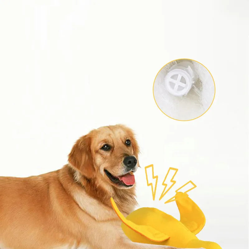 Yellow teddy dog training toy with integrated duck doll and food leak design for scent work