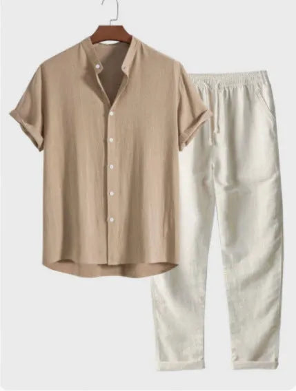 Men's casual linen blend short sleeve shirt and full-length trousers set on a hanger.