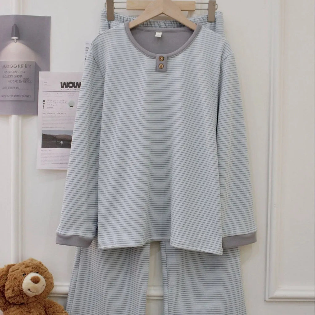 Women's velvet round neck pullover pyjama set with long sleeves and striped trousers in light blue