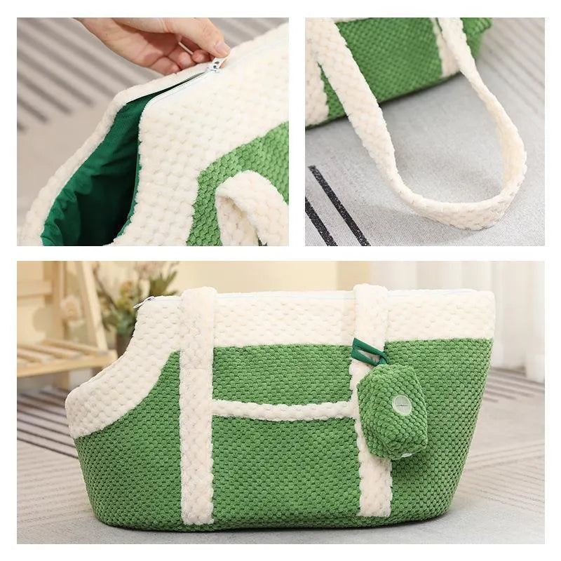 Soft plush pet carrier shoulder bag with cartoon pattern in green, red, and yellow colours