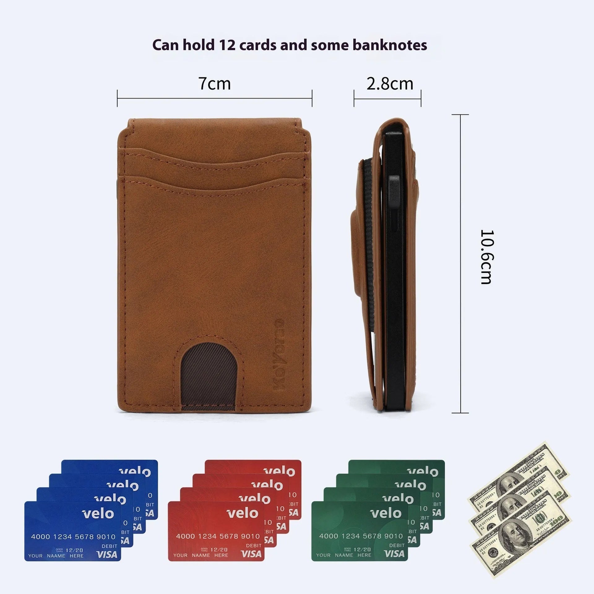 Men's synthetic leather card holder with RFID blocking in black, dark brown, and light brown colours showing card slots and front pocket