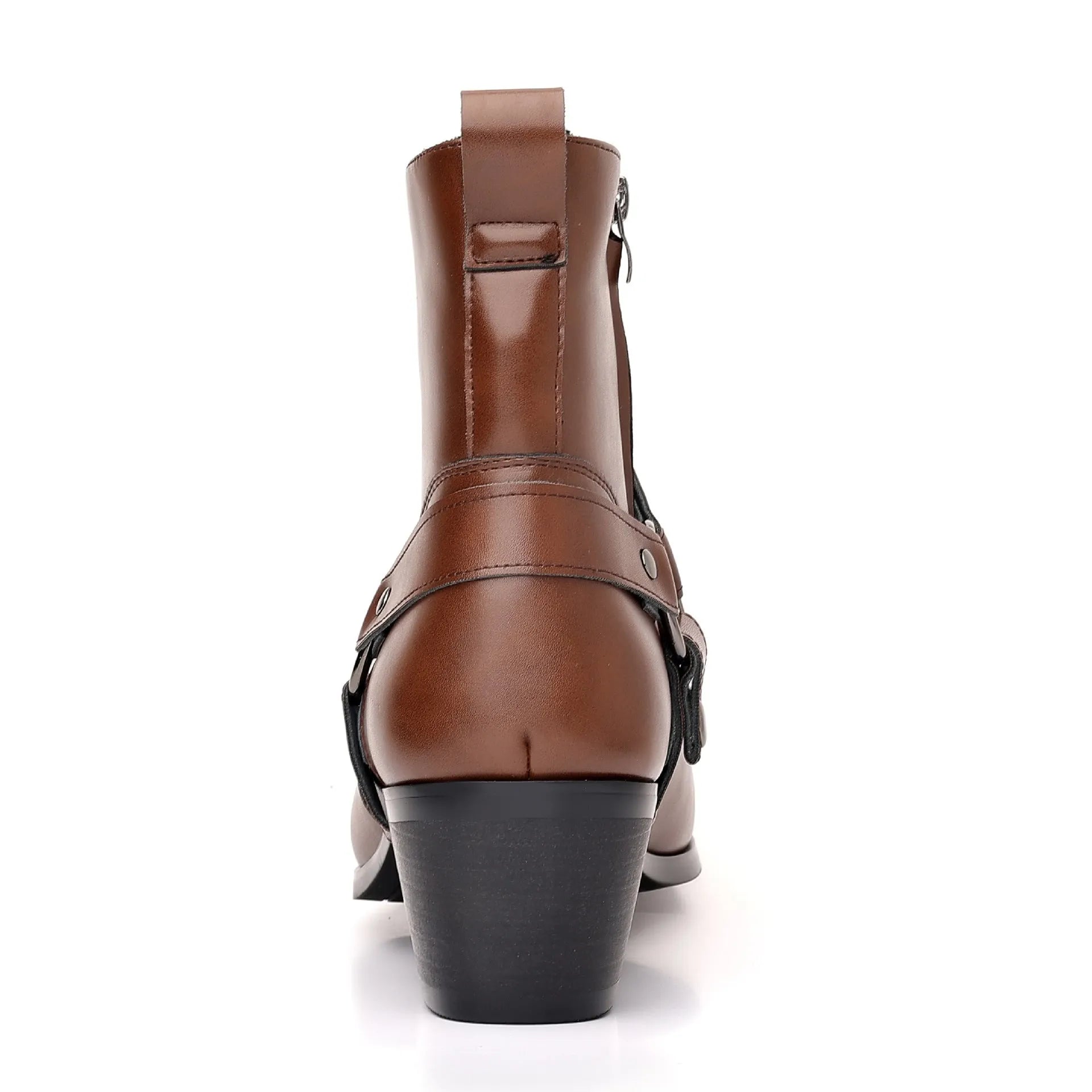 Black chain ankle boots with side zipper, square toe, and rivet details on a frosted artificial PU upper.