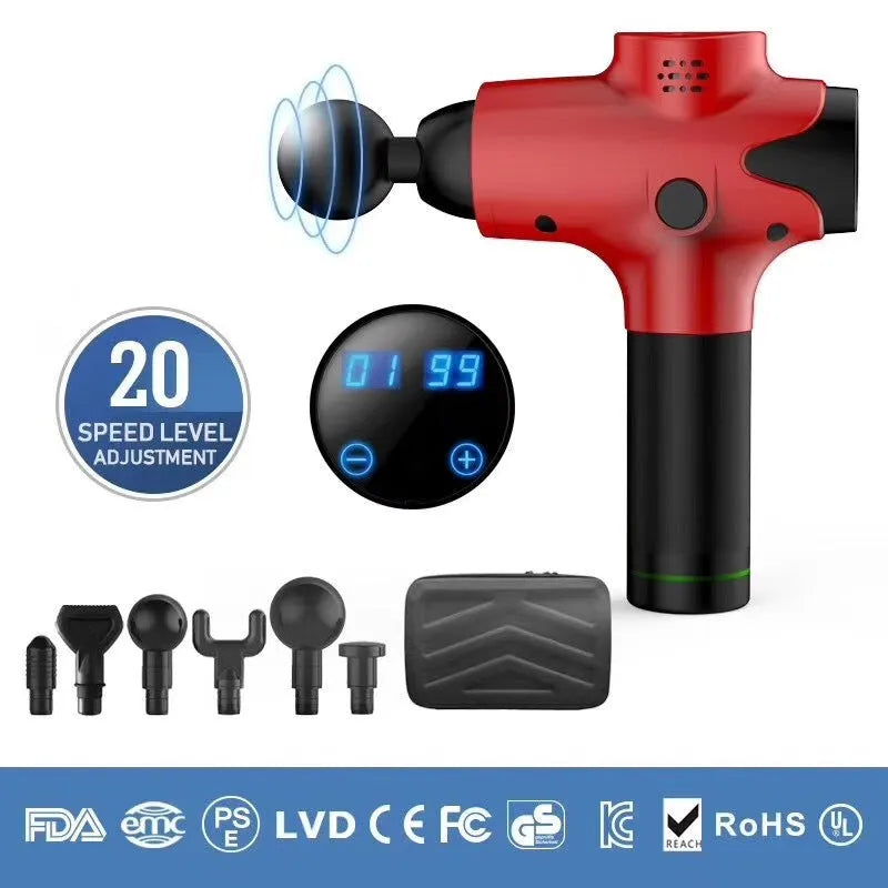 EM03 digital massage gun with LCD screen, six massage heads, and 20 speed levels in black finish