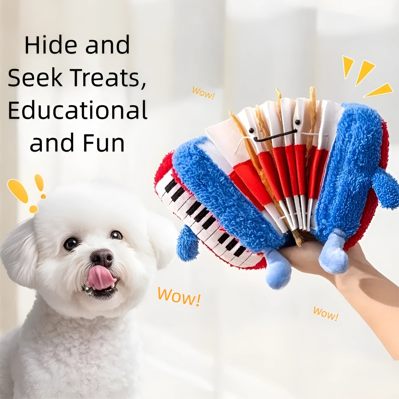Blue accordion dog squeak toy with food hiding compartment on white background