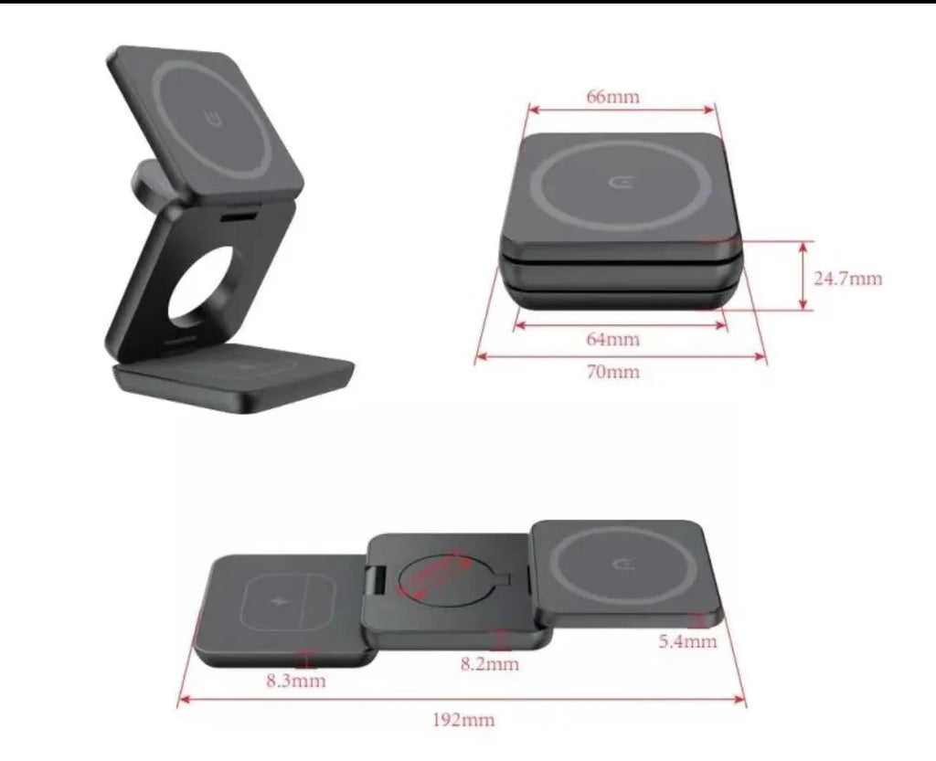 Folding three-in-one wireless charger with magnetic suction in white, showing phone charging on stand