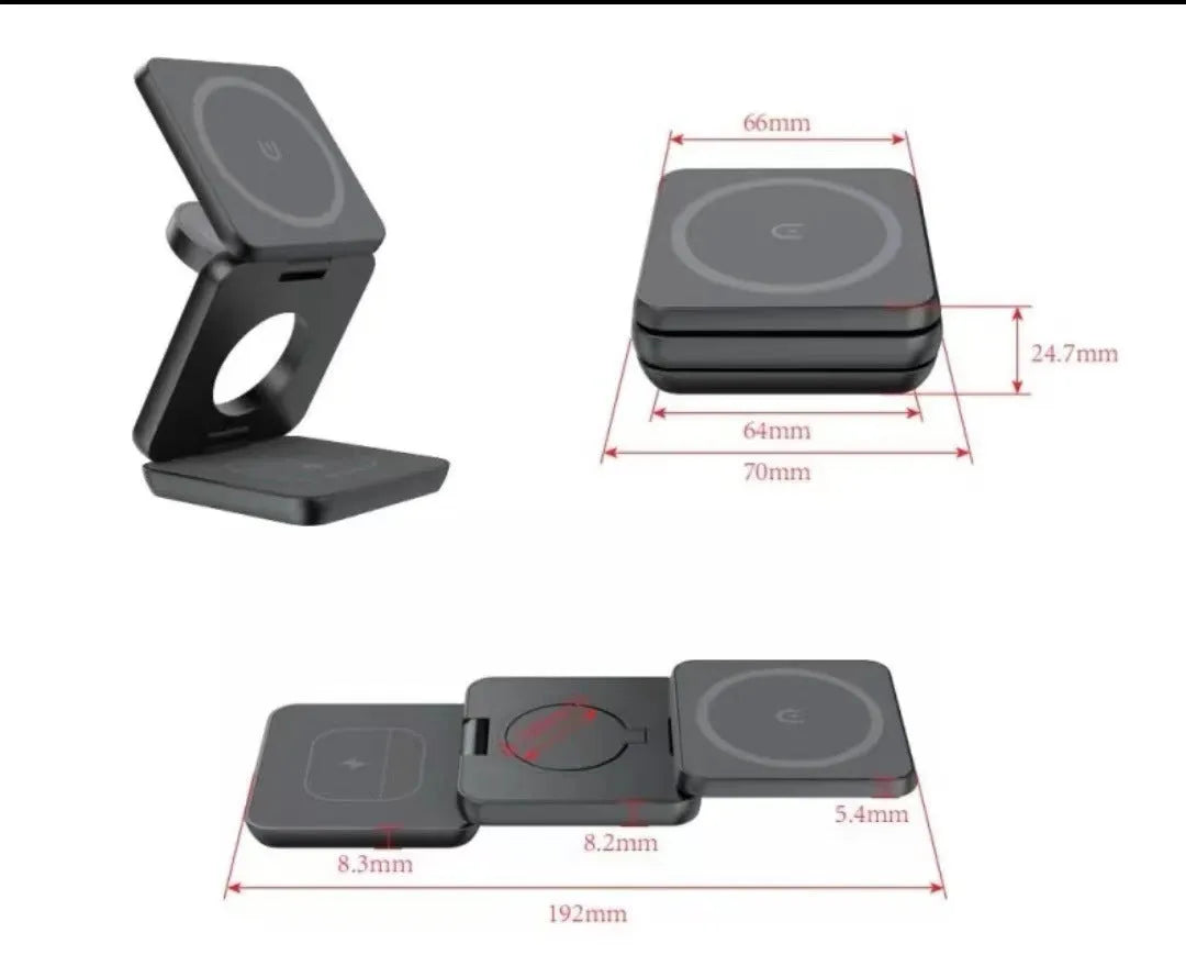 Folding three-in-one wireless charger with magnetic suction in white, showing phone charging on stand