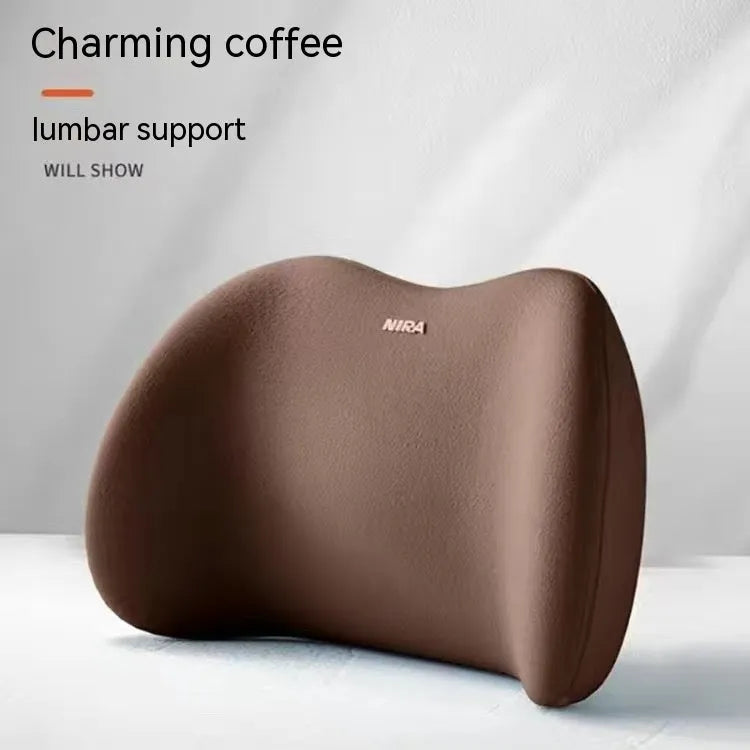 Black memory foam car lumbar support pillow and matching headrest pillow on a car seat.