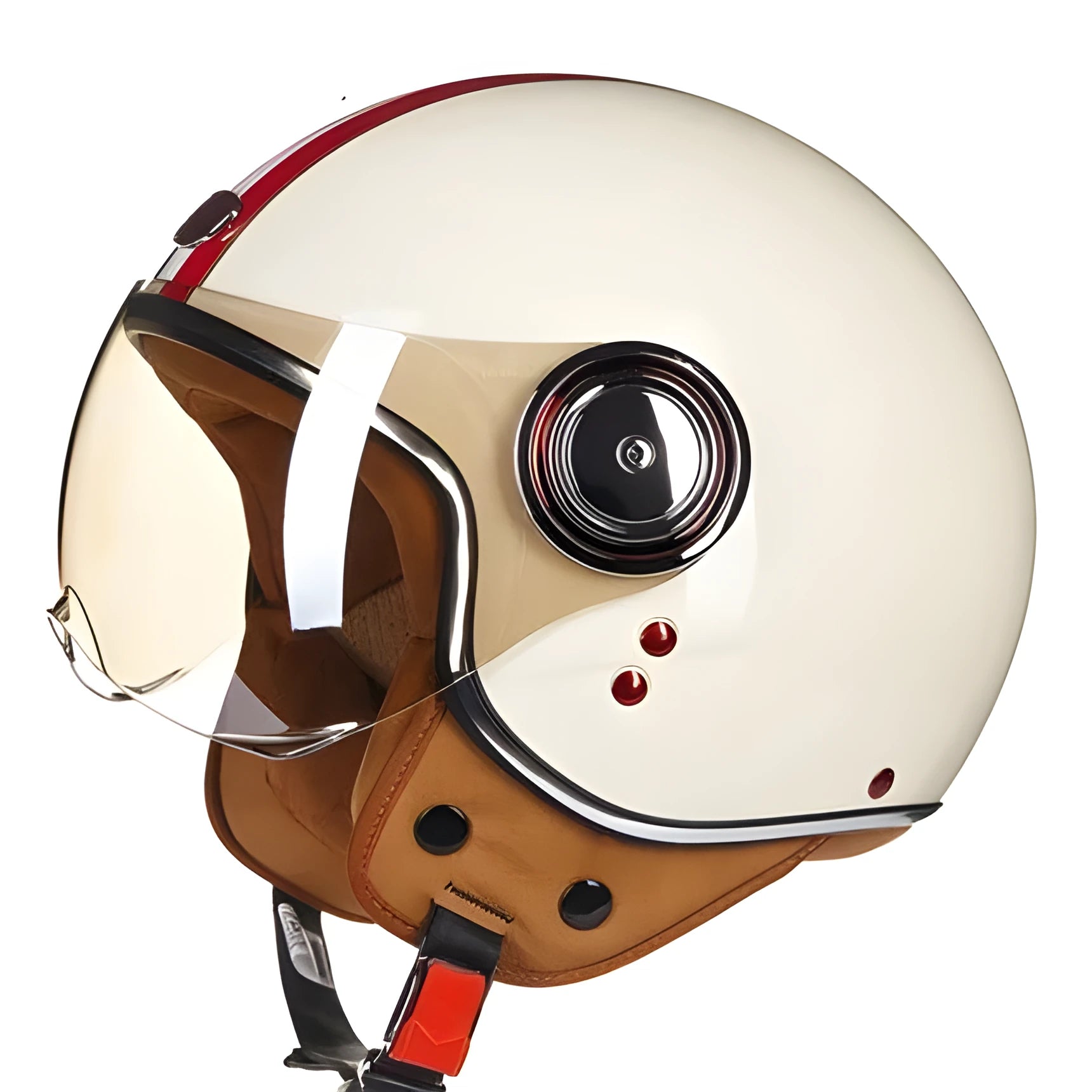 Scrambling half helmet in ABS plastic shown in white, red, and green colour options