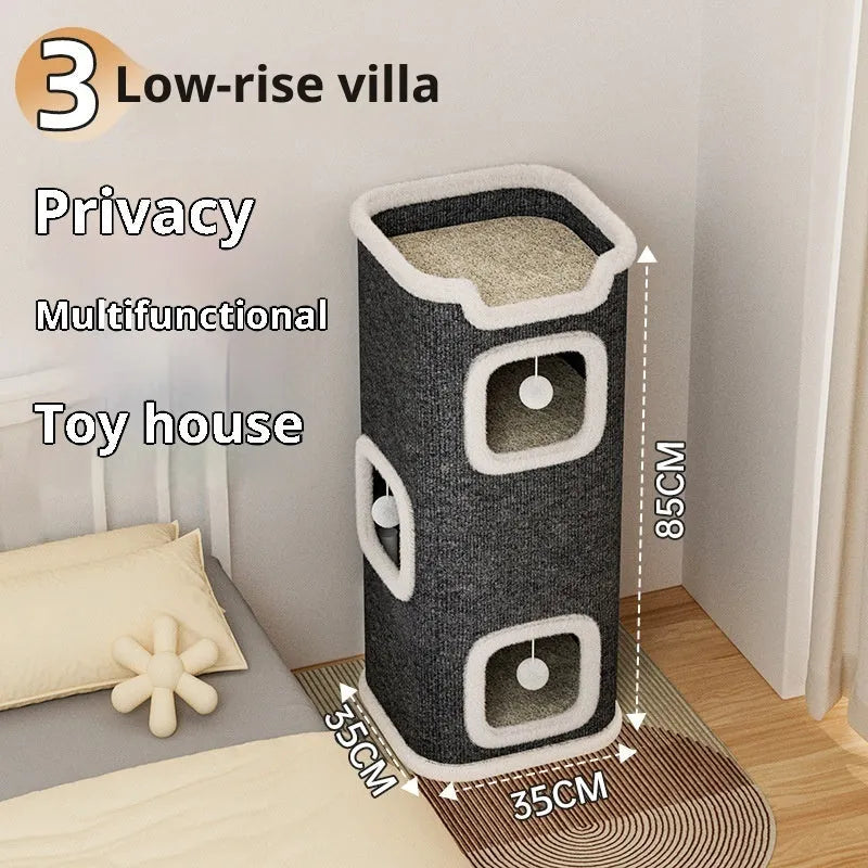 MDF cat climbing frame with scratching post and semi-enclosed square tree hole bed, simple style