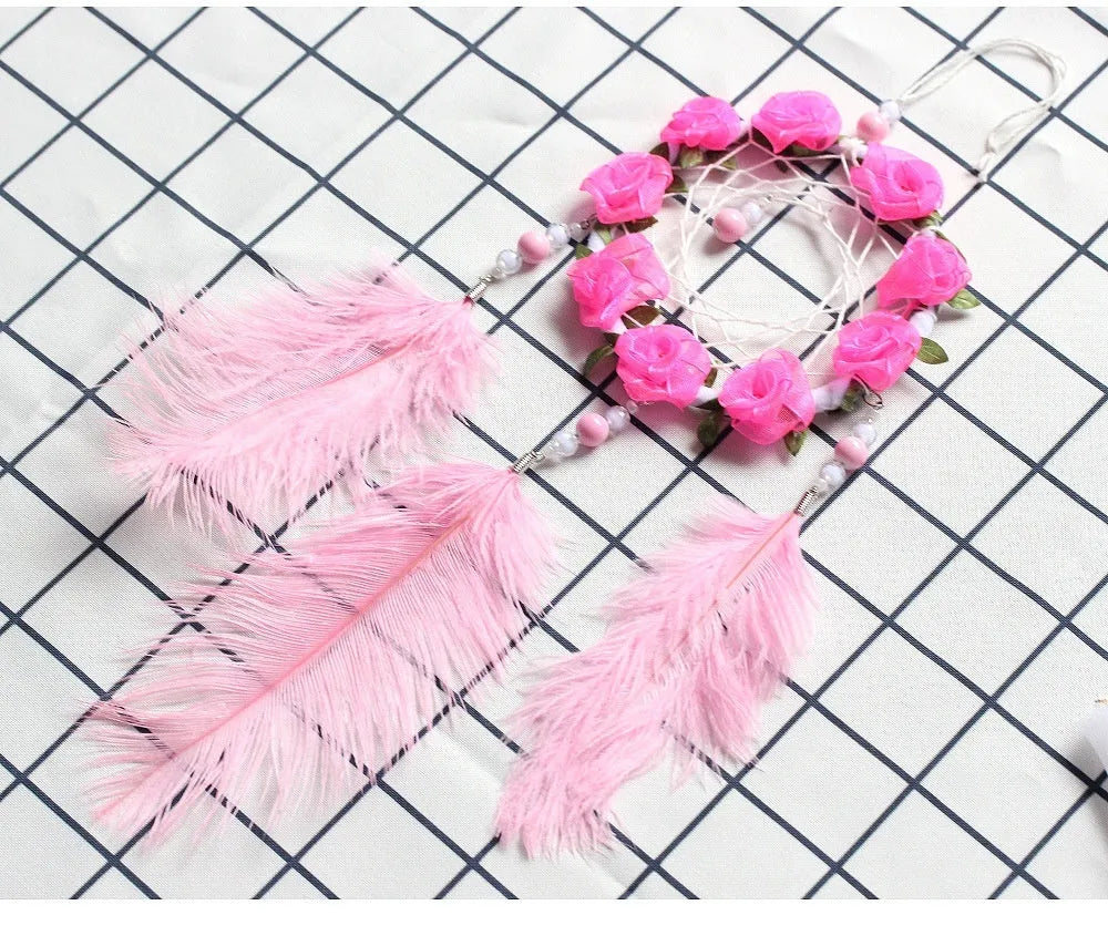 Pink dreamcatcher wind chime wall ornament with ostrich feathers, 10cm diameter