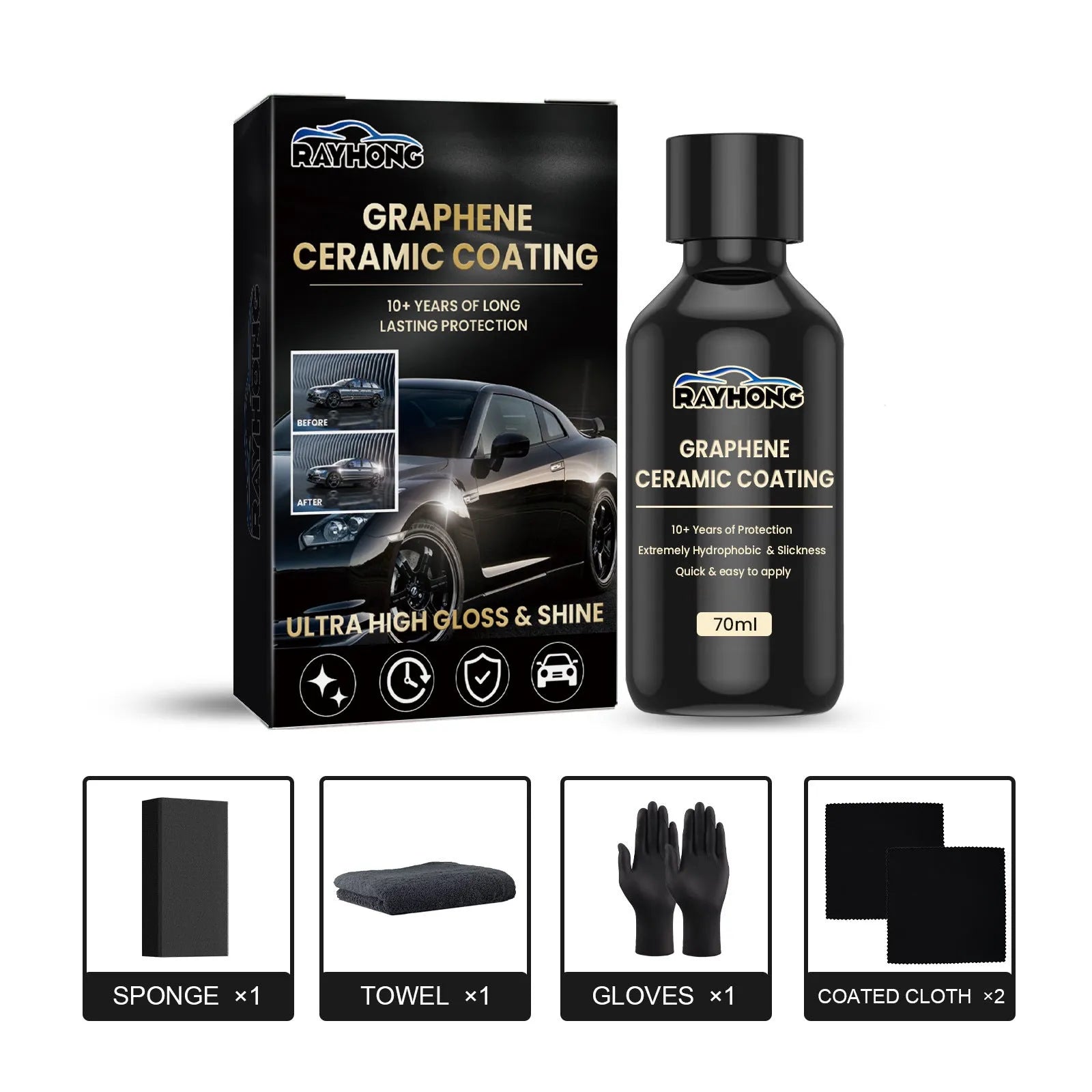 Automotive graphene ceramic coating kit with 70ml solution, sponge, towel, gloves and coating cloths