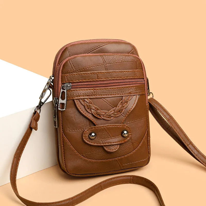 Brown retro style mobile phone bag with weaving patterns and decorative rivets on soft leather PU material